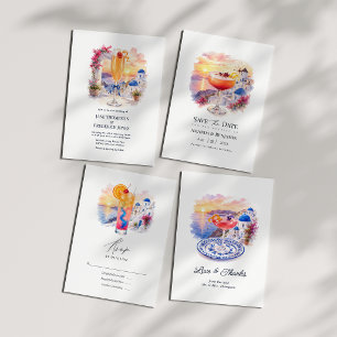 Santorini Sunset Tropical Cocktail Greece Wedding RSVP Card