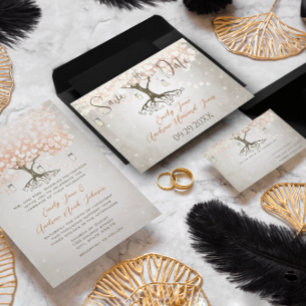 Heart Leaf Coral Peach Bud Tree Love Bird Wedding Invitation