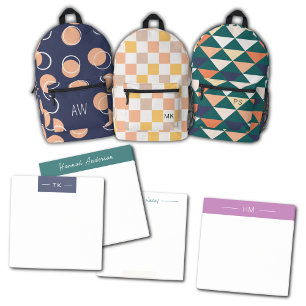 Trendy Peach Checkerboard Monogram Initials Printed Backpack
