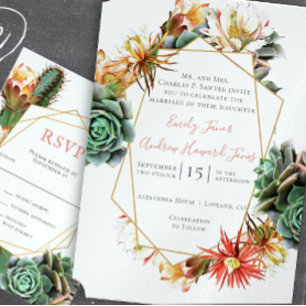 Pink & Coral Floral Geometric Gold Frame Wedding A All In One Invitation