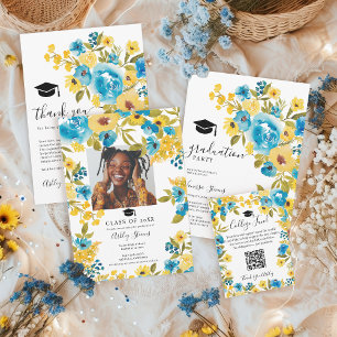 Yellow Blue Watercolor Wildflower Graduation Photo Invitation