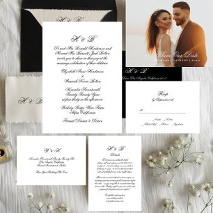 Calligraphy Monogram Black & White Formal Details RSVP Card