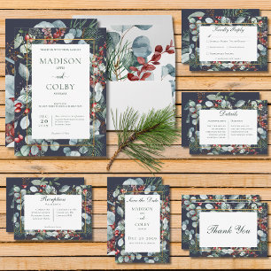 Winter Christmas Greenery Navy Wedding Invitation