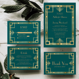 Elegant Teal Gold Geo Vintage 1920s Deco Wedding Invitation
