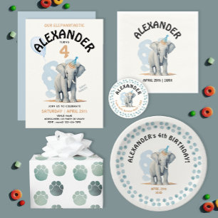 Cute Blue Baby Elephant Grey Footprints Watercolor Wrapping Paper