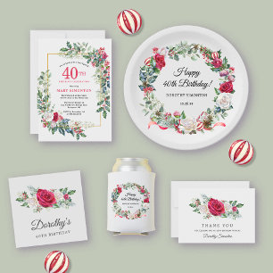 Red White Rose Floral Holly 40th Birthday Party Invitation