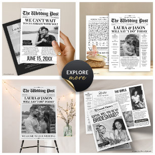 Black White Wedding Program + Timeline Newspaper