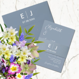 Dusty Blue & White Monogram Wedding Invitation Belly Band