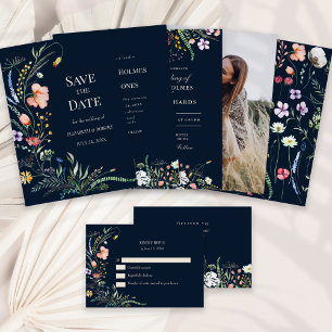 Navy Blue Boho Wildflower Wedding Invitation