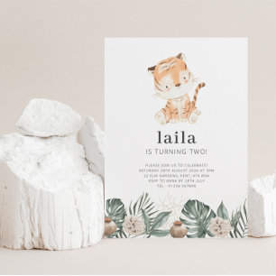 Tiger Greenery Floral Photo Birthday Invitation