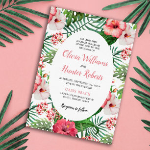 Tropical Floral Hibiscus Wedding Modern Navy Blue Invitation