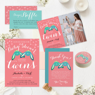 Cute Pink Turquoise Twin Bunny Baby Shower Joint  Thank You Card