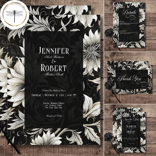 Dark Gothic Vintage Black & White Floral Damask Save The Date