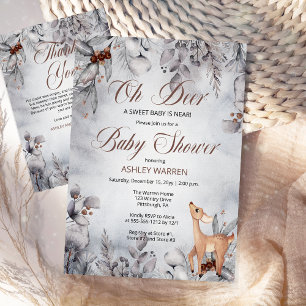 Oh Deer Rustic Winter Floral Baby Shower Thank You Card