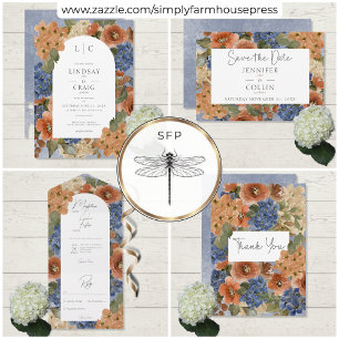 Rustic Blue & Burnt Orange Rust Floral Monogram Save The Date