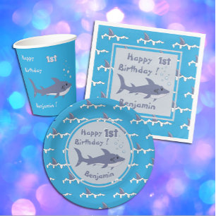 Shark Theme Personalized 1st Birthday Paper Plates