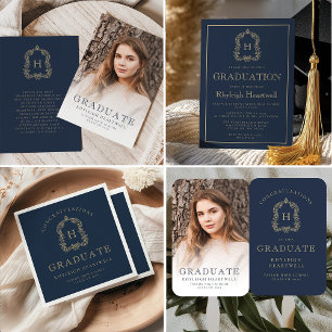 Monogram Navy Blue Gold Photo Graduation Hand Fan