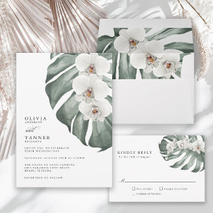 White Orchids on Monstera Tropical Wedding RSVP
