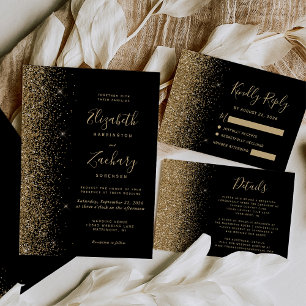 Modern Black Gold Faux Glitter Edge Wedding Invitation