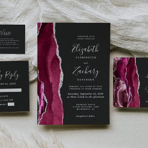 Budget Burgundy Silver Agate Dark Wedding QR Code Enclosure Card