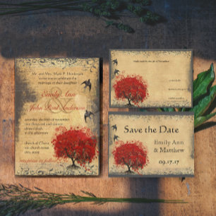 All In One Elegant Red & Pink Heart Leaf Wedding   Tri-Fold Invitation
