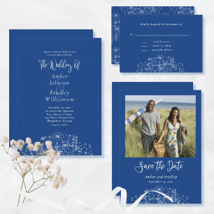 Royal Blue White Wildflower Boho Wedding RSVP