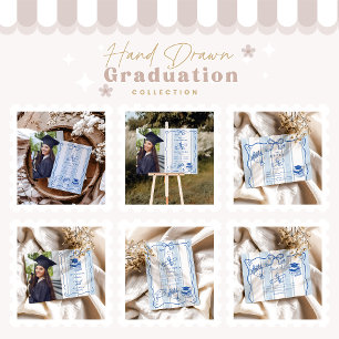 Retro Hand Drawn Blue Graduation Thank You Card