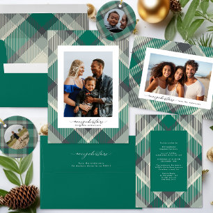 Elegant Green Merry Christmas Custom Plaid Photo Holiday Card
