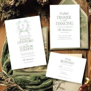 Elegant Floral Crest Monogram Wedding  Menu