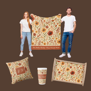 cozy floral harvest home & family name script fleece blanket
