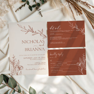 Modern Boho Floral Terracotta Burnt Orange Wedding Invitation