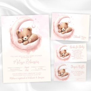 Blush Pink Watercolor Bear Girl Baby Shower Thank You Card