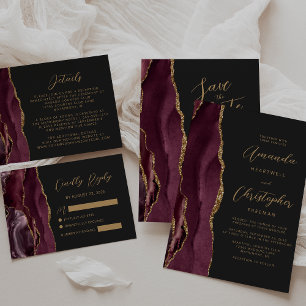 Modern Burgundy Gold Agate Script Slate Wedding Invitation