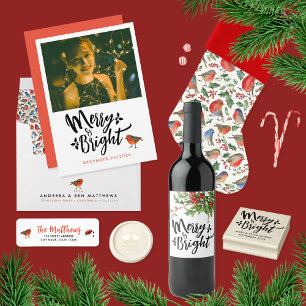 Simple Merry And Bright Red Christmas Robin Photo Holiday Card