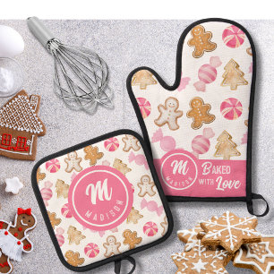 Pink Gingerbread Pattern Monogram Holiday Baking Apron