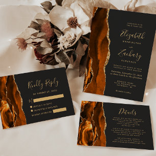 Burnt Orange Agate Gold Dark Wedding RSVP Card