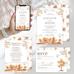 Classic Brown Fall Landscape Leaves Wedding QR Invitation