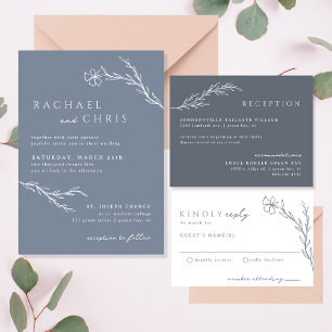 Modern Boho Floral Outline in Dusty Blue Wedding RSVP Card
