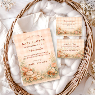 Peach Gingham Western Floral Baby Shower Invitation