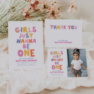 Retro Girls Just Wanna Be One Photo 1st Birthday Invitation