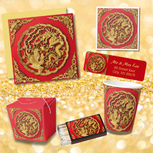 Gold Red Dragon Phoenix Chinese Wedding Favor Wrapping Paper