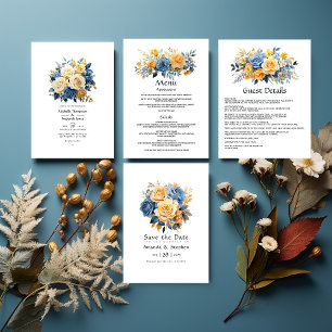 Blue and Gold Floral Wedding Invitation