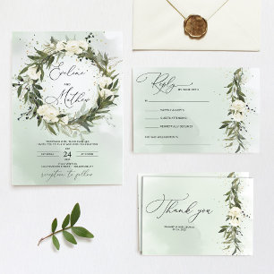 Olive greenery white roses gold frame the knot invitation