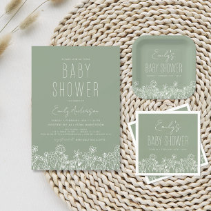 Wildflower Baby in Bloom Baby Shower Sage Green Invitation