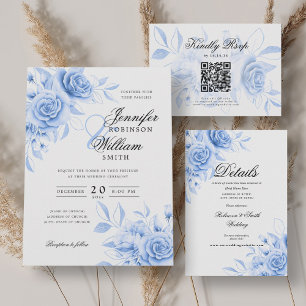 Elegant Script Wedding Navy Blue Floral w/ QR RSVP Invitation