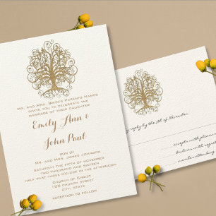 Gold Metallic Swirl Tree Gold Border Wedding Invitation