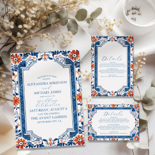 Blue Mediterranean Italian Tile  Wedding All In One Invitation