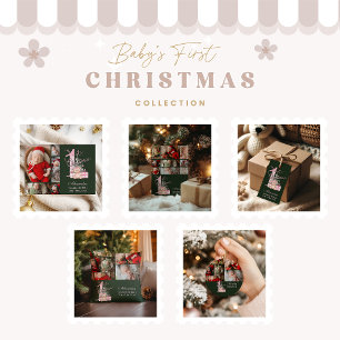 Pink Green Baby First Christmas 3 Photo   Holiday Card