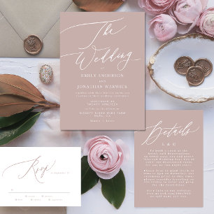 Modern Pink Taupe Calligraphy Simple Wedding Invitation