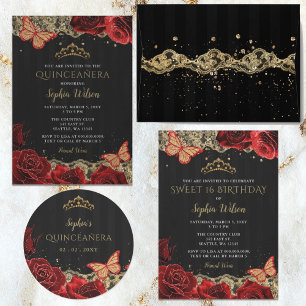 Red  Roses Black Gold Quinceañera Welcome Sign